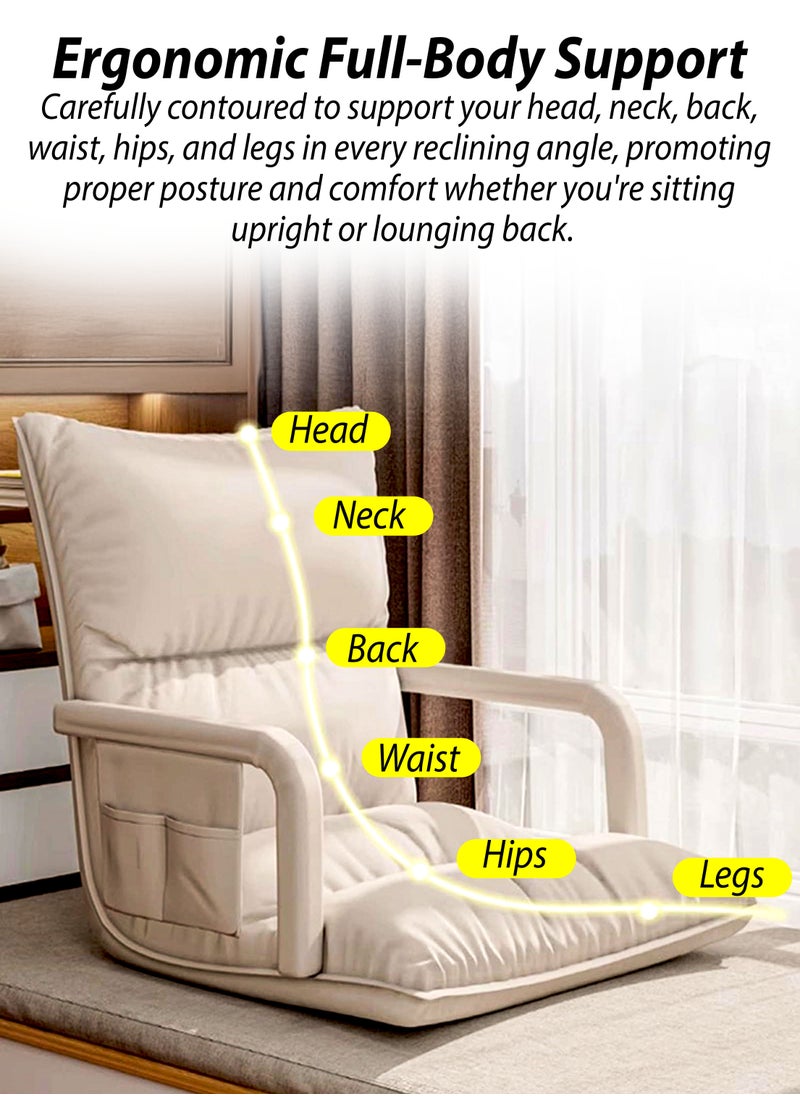 DBLEW Adjustable Floor Chair 6 Position Recliner with Padded Armrests And Plush Doll Cotton Padding, Folding Lounge Chair Foldable Lazy Sofa Bed with Removable Washable Cover, Storage Pocket, No Assembly Required Ideal for Reading, Gaming, Meditation And Medical Rest Lower Back Pain Living Room Bedroom Indoor Outdoor Seating for Adults Elderly Kids Children  - Image 3