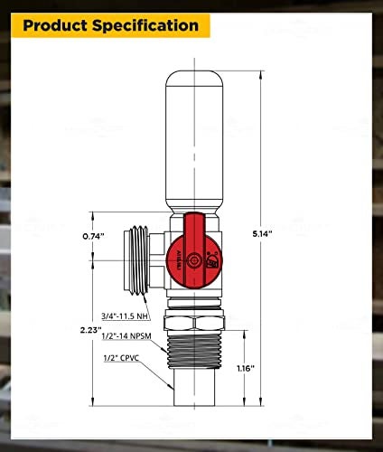 Highcraft 540DI Washing Machine Replacement Valve with Hammer Arrestor 12 CPVC Inlet x 34 MHT Outlet Brass Red for Hot Water Supply - Image 3