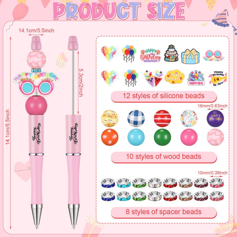 Geyee 12 Set Beadable Pens Assorted Bead Pens Wood Crystal Round Spacer Set Black Ink DIY Ballpoint for Women Men Gift Office Supplies (Rainbow,Birthday) - Image 3
