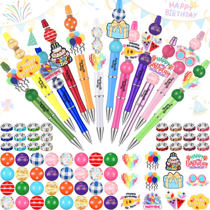 Geyee 12 Set Beadable Pens Assorted Bead Pens Wood Crystal Round Spacer Set Black Ink DIY Ballpoint for Women Men Gift Office Supplies (Rainbow,Birthday) - Image 1