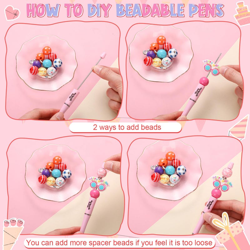 Geyee 12 Set Beadable Pens Assorted Bead Pens Wood Crystal Round Spacer Set Black Ink DIY Ballpoint for Women Men Gift Office Supplies (Rainbow,Birthday) - Image 4