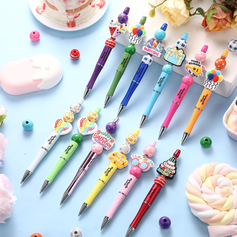 Geyee 12 Set Beadable Pens Assorted Bead Pens Wood Crystal Round Spacer Set Black Ink DIY Ballpoint for Women Men Gift Office Supplies (Rainbow,Birthday) - Image 2