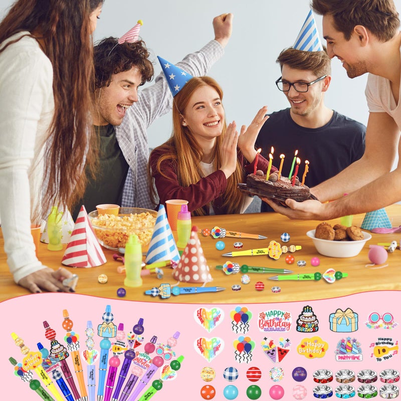Geyee 12 Set Beadable Pens Assorted Bead Pens Wood Crystal Round Spacer Set Black Ink DIY Ballpoint for Women Men Gift Office Supplies (Rainbow,Birthday) - Image 5