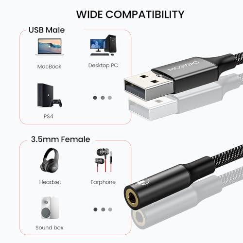 MOSWAG USB to Audio Jack Adapter 0.65Feet/20cm,External Sound Card Jack Audio Adapter with 3.5mm Aux Stereo Converter Compatible with Headset,PC,Laptop,Linux,Desktops,PS4 and More Device - Image 2