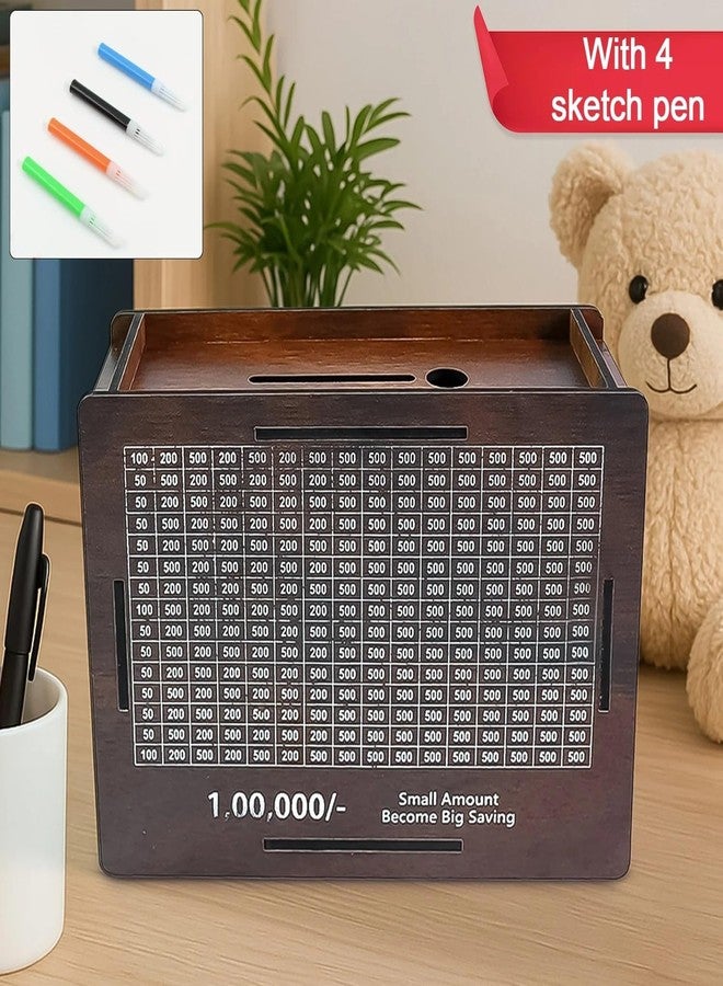 Horizonite Wooden Money Saving Box for Kids & Adults | Piggy Bank with Rupee Goal Tracker & DIY Coloring Activity | Includes 4 Sketch Pens | Savings Box for Home Budget Personal Finance & Gifting - Image 4