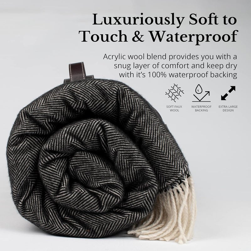 Komorebi Large Outdoor Waterproof Picnic Blanket (78"x59") Acrylic Wool Blend | Leather Carrier | Soft Herringbone Pattern Picnic Mat for up to 4 Adults (Grey) - Image 3