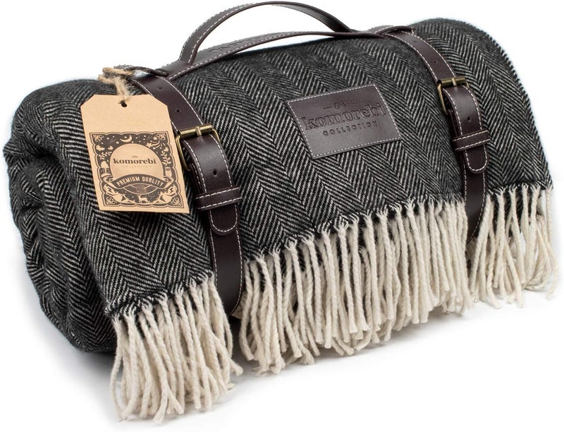 Komorebi Large Outdoor Waterproof Picnic Blanket (78"x59") Acrylic Wool Blend | Leather Carrier | Soft Herringbone Pattern Picnic Mat for up to 4 Adults (Grey) - Image 1