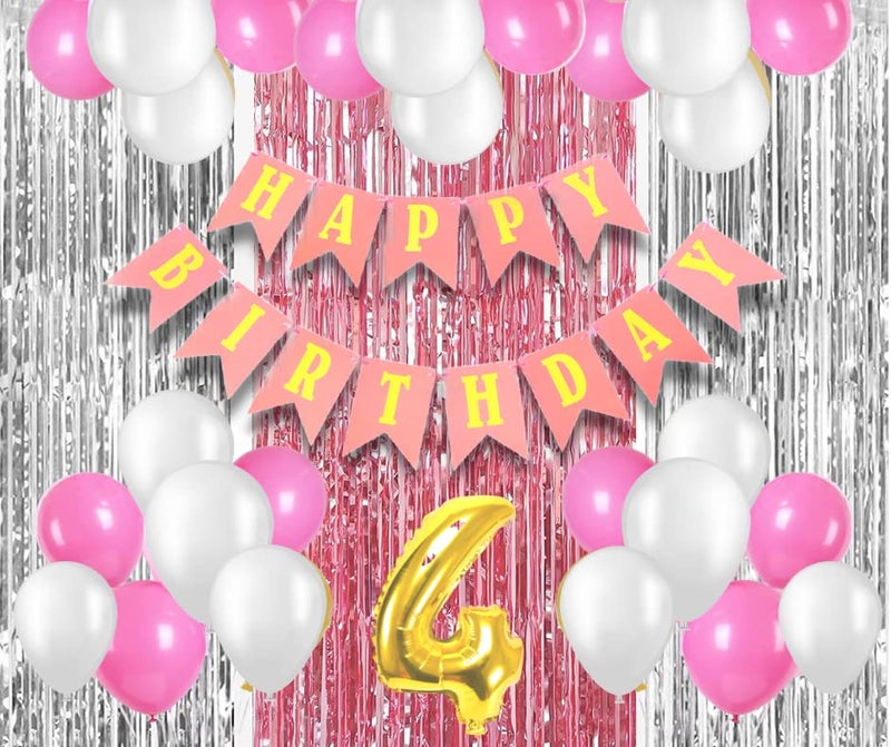 Flyloons 4th Birthday Decoration items for Girls with Pink and White Balloons, Pink Happy Birthday Banner, Pink and Silver Foil Curtain, Foil Balloon number 4 - Image 1