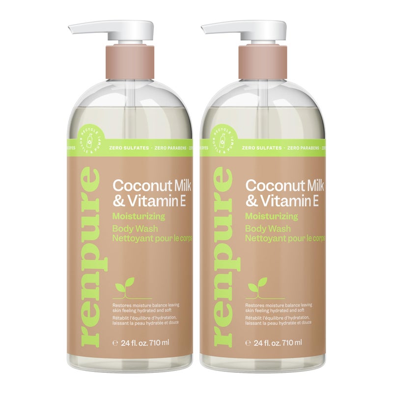 Renpure Coconut Milk & Vitamin E Moisturizing Body Wash - Gently Cleanses & Restores Moisture Balance - For Soft, Hydrated & Healthy-Looking Skin - With Coconut Oil & Vitamin E - 24 Fl Oz, 2 Pack - Image 1