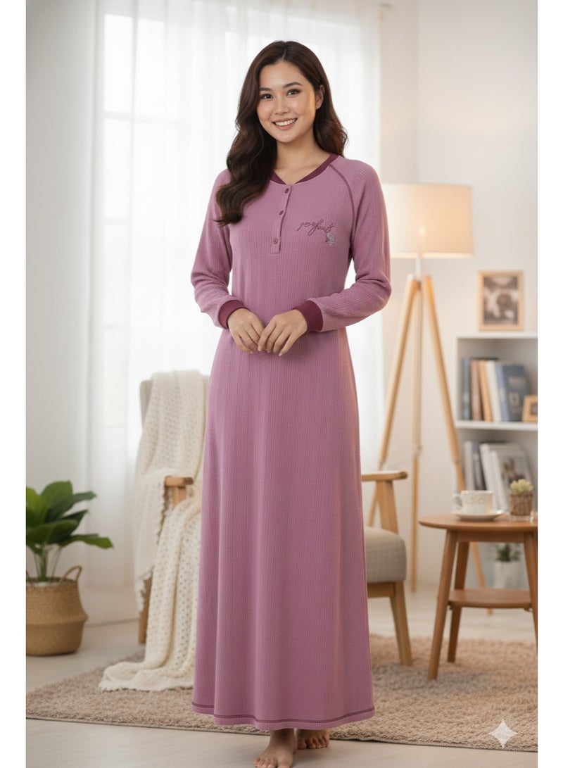 زيكوتكس  جلابية/فستان بيتي نسائي شتوي طويل - خامة كشمير مضلعة دافئة - لون وردي بنفسجي (Mauve) - مقاس M لـ 6XL - Image 5