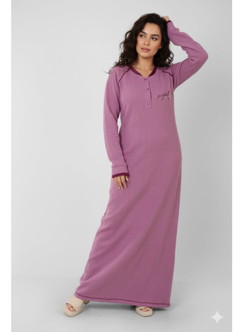 زيكوتكس  جلابية/فستان بيتي نسائي شتوي طويل - خامة كشمير مضلعة دافئة - لون وردي بنفسجي (Mauve) - مقاس M لـ 6XL - Image 3