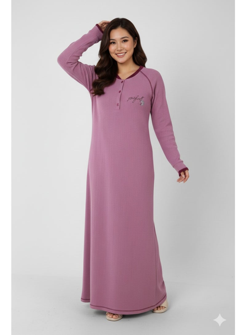 زيكوتكس  جلابية/فستان بيتي نسائي شتوي طويل - خامة كشمير مضلعة دافئة - لون وردي بنفسجي (Mauve) - مقاس M لـ 6XL - Image 1