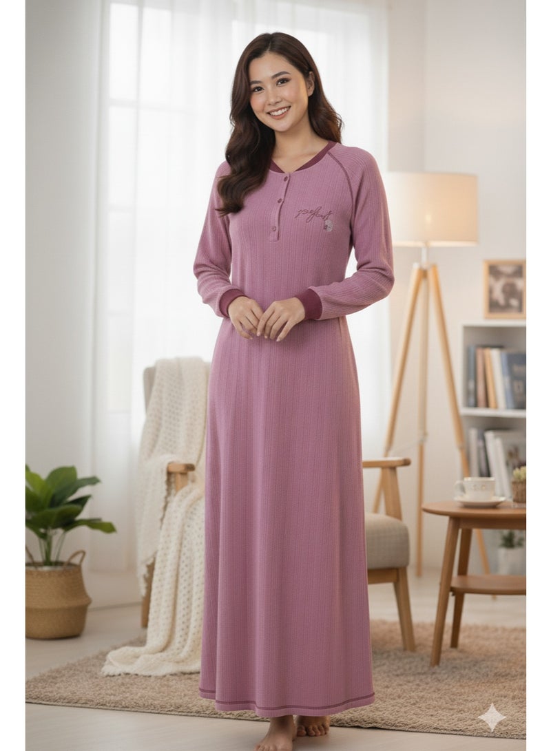 زيكوتكس  جلابية/فستان بيتي نسائي شتوي طويل - خامة كشمير مضلعة دافئة - لون وردي بنفسجي (Mauve) - مقاس M لـ 6XL - Image 4