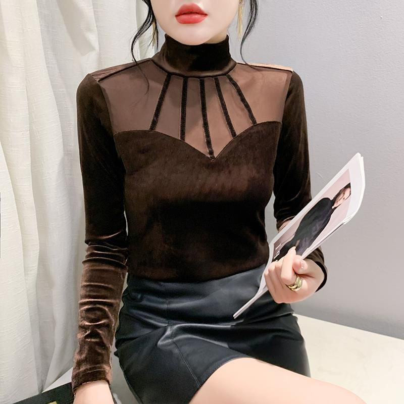 European autumn and winter European new bottoming shirt Womens velvet stitching mesh elegant small shirt Western style fashion top women Brown - Image 5