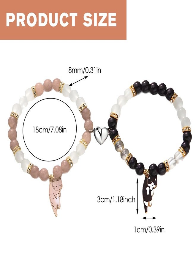 Waeceip 2Pcs Cat Matching Bracelets Set Friendship Matching Bracelets for Best Friend Bracelet Cartoon Cat Gifts for Cats Lover Gifts Cute Crystal Beaded Elastic Bracelet for Women Men Friendship Jewelry Gift (Brown Black) - Image 2