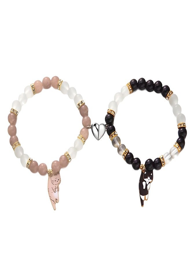 Waeceip 2Pcs Cat Matching Bracelets Set Friendship Matching Bracelets for Best Friend Bracelet Cartoon Cat Gifts for Cats Lover Gifts Cute Crystal Beaded Elastic Bracelet for Women Men Friendship Jewelry Gift (Brown Black) - Image 1