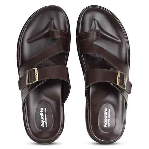 Aqualite Slippers for Men, Lightweight Slipper for Man made with Synthetic Leather Material, PU Sole & Flat Comfort Stylish Sandals for Man, Slides for Men, Idol for Travel, Outing Black Brown Size-10 - Image 1