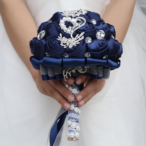 Flonding Wedding Bouquets Crystal Satin Rose Bride Bridal Bouquet Romantic Bridesmaid Holding Flower for Valentine's Day Confession Party Church Decor (Navy) - Image 2