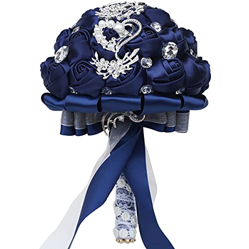 Flonding Wedding Bouquets Crystal Satin Rose Bride Bridal Bouquet Romantic Bridesmaid Holding Flower for Valentine's Day Confession Party Church Decor (Navy) - Image 4