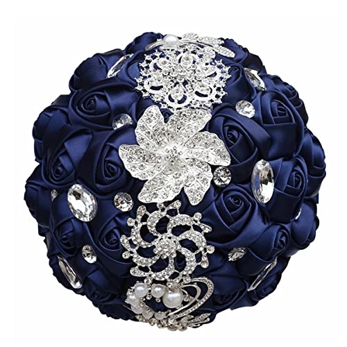 Flonding Wedding Bouquets Crystal Satin Rose Bride Bridal Bouquet Romantic Bridesmaid Holding Flower for Valentine's Day Confession Party Church Decor (Navy) - Image 1