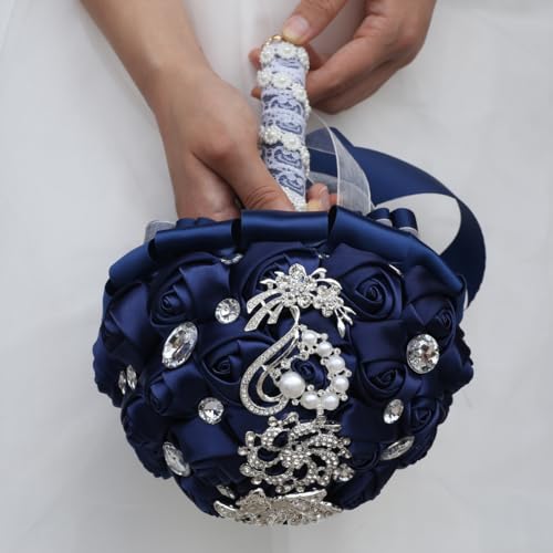 Flonding Wedding Bouquets Crystal Satin Rose Bride Bridal Bouquet Romantic Bridesmaid Holding Flower for Valentine's Day Confession Party Church Decor (Navy) - Image 3