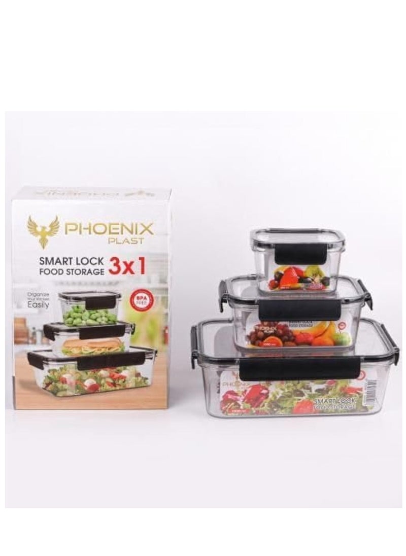 Phoenix Modern Acrylic Refrigerator Food Container Set of 3Pieces with Airtight Lock - Clear Silicone Sides