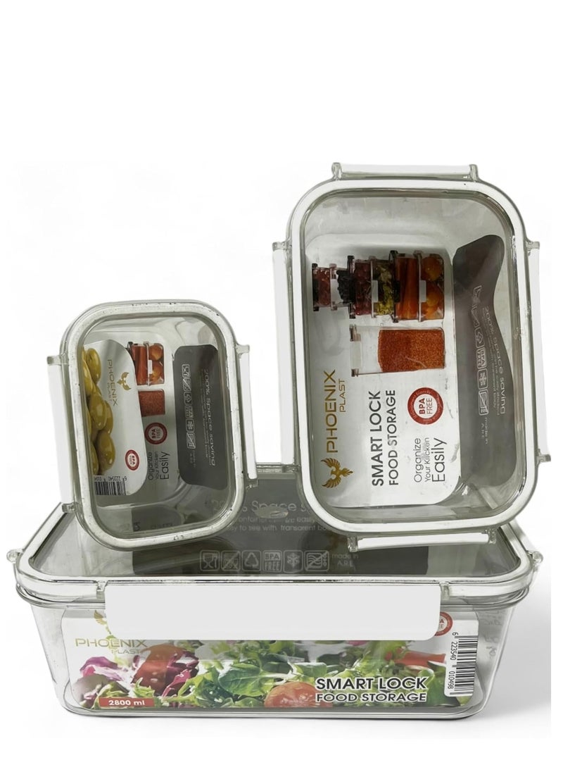 Phoenix Modern Acrylic Refrigerator Food Container Set of 3Pieces with Airtight Lock - Clear Silicone Sides