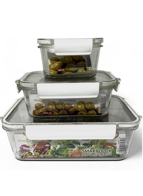 Phoenix Modern Acrylic Refrigerator Food Container Set of 3Pieces with Airtight Lock - Clear Silicone Sides