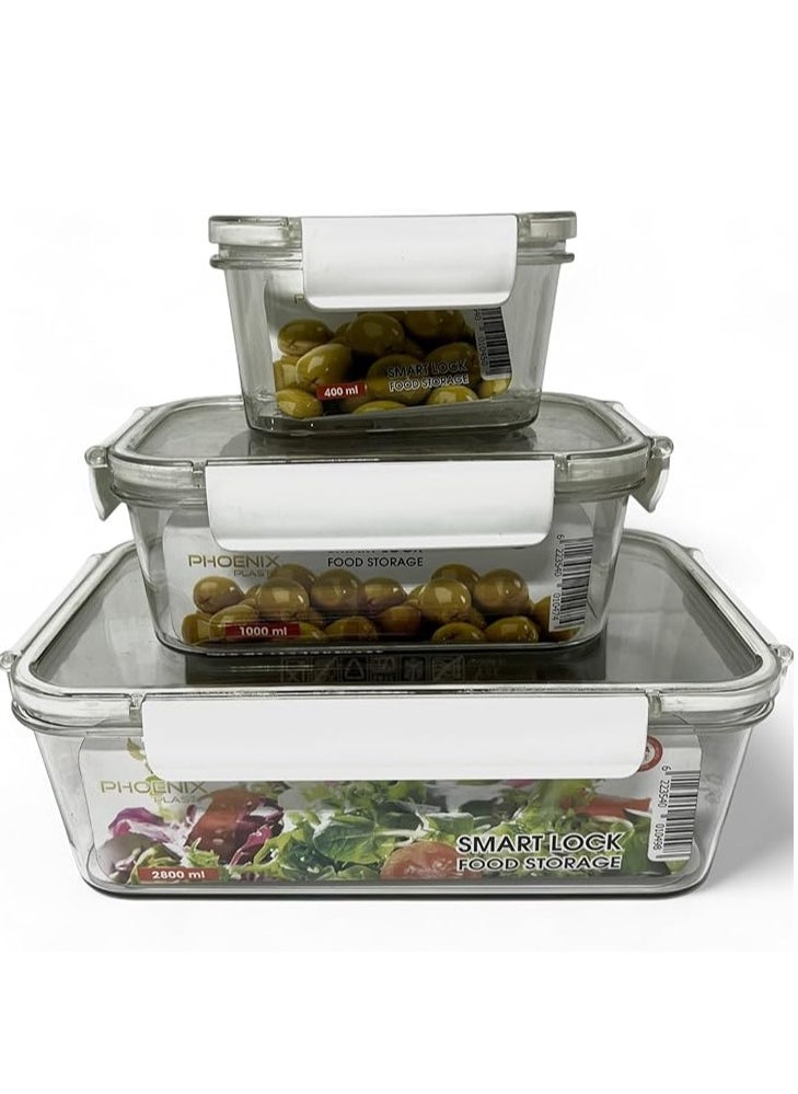 Phoenix Modern Acrylic Refrigerator Food Container Set of 3Pieces with Airtight Lock - Clear Silicone Sides