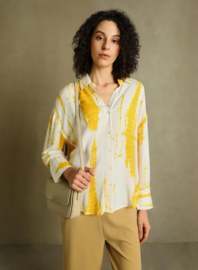 Dennis Lingo Women's Yellow Rayon Printed Oversized Shirt