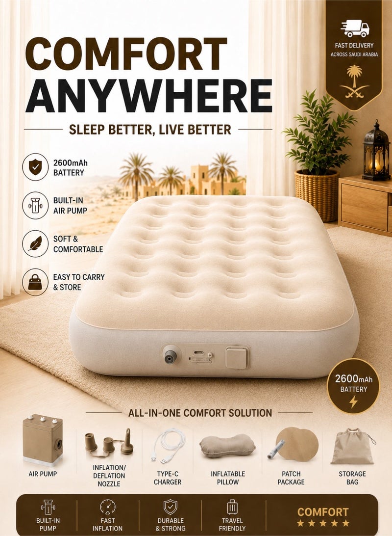 Saudi Select Single Air Bed, Inflatable bed with Built-in Pump, 5 Mins Quick Self-Inflation/Deflation Air Mattress, Blow Up Bed for Home Portable Camping Travel - Image 1