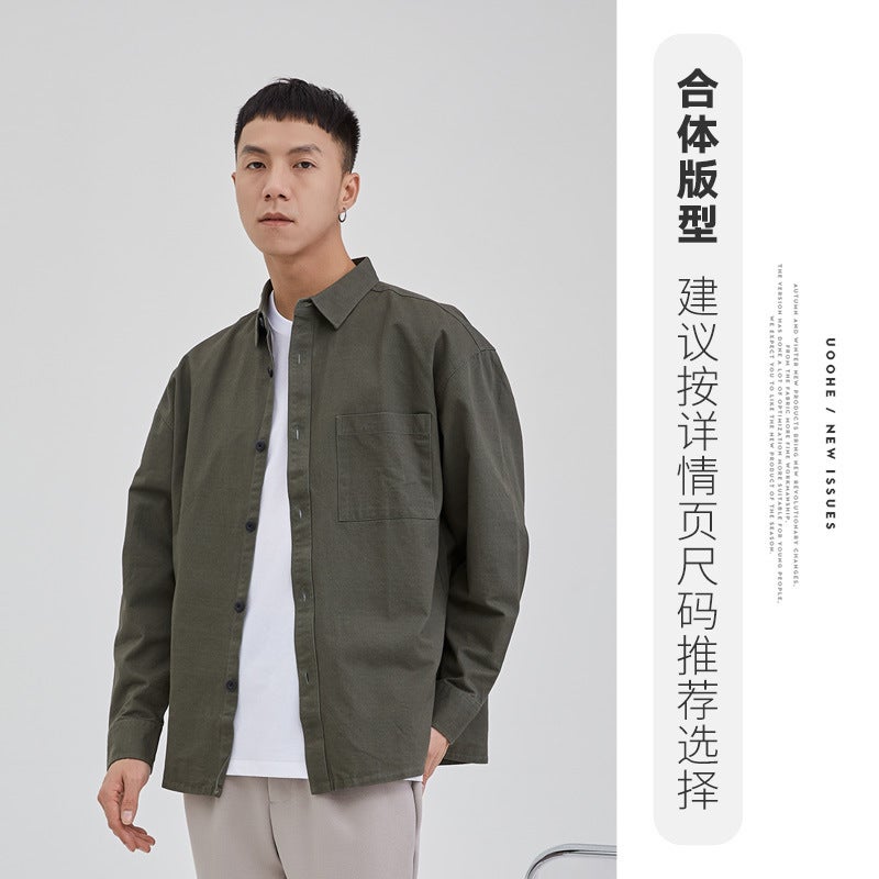 2024 Tooling Shirt Japanese Style Pure Cotton Solid Color Long Sleeve Shirt Mens Casual Loose Pocket Tooling Shirt Spring SS915 Army Green 