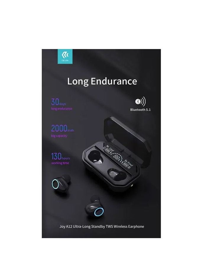devia - Devia Kintone Series Joy A12 Ultra Long Standby TWS Wireless Earphone - Black - Image 1