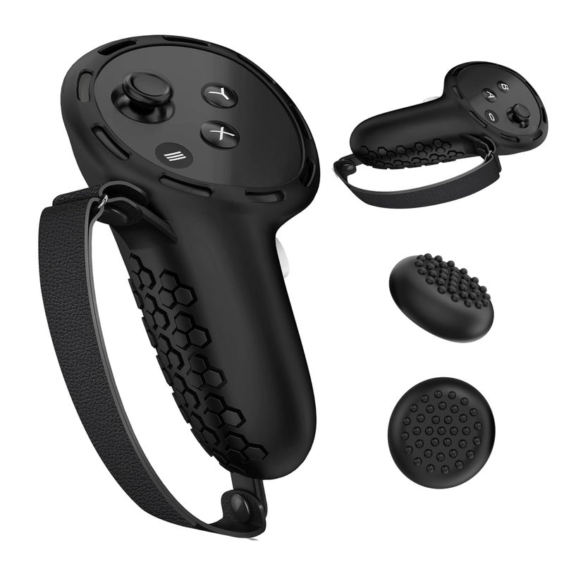 Controller Grips for Meta Quest 3 and Quest 3S, Silicone Grips Cover Protective Sleeve with Controller Hand Straps and 2pcs Joystick Cover for Oculus Quest 3 3S Accessories - Black - Image 1