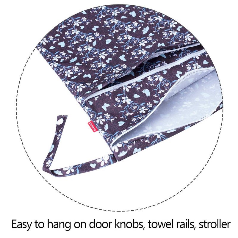 Damero حقيبة دامييرو 2 قطعة للرطوبة والجفاف للحفاضات القماشية، ملابس السباحة، الملابس، مثالية للسفر، التمارين، دور الرعاية، واسعة ومقاومة للماء (فراشات وزهور) - Image 3