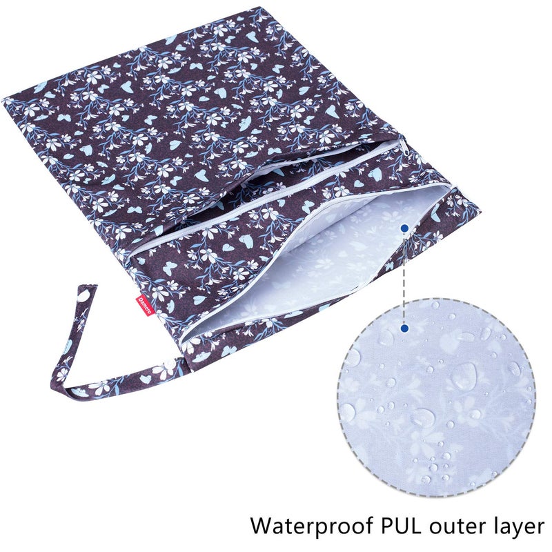 Damero حقيبة دامييرو 2 قطعة للرطوبة والجفاف للحفاضات القماشية، ملابس السباحة، الملابس، مثالية للسفر، التمارين، دور الرعاية، واسعة ومقاومة للماء (فراشات وزهور) - Image 2