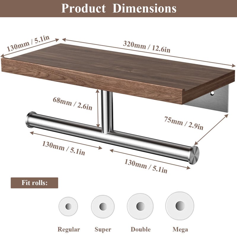 Tindbea Rustic Double Toilet Paper Holder with Walnut Wood Shelf  Farmhouse Toilet Paper Holder Brushed Nickel Stainless Steel Bathroom Tissue Roll Holder - Image 2