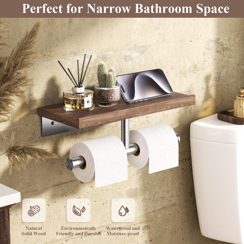 Tindbea Rustic Double Toilet Paper Holder with Walnut Wood Shelf  Farmhouse Toilet Paper Holder Brushed Nickel Stainless Steel Bathroom Tissue Roll Holder - Image 1