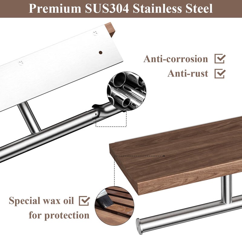 Tindbea Rustic Double Toilet Paper Holder with Walnut Wood Shelf  Farmhouse Toilet Paper Holder Brushed Nickel Stainless Steel Bathroom Tissue Roll Holder - Image 3