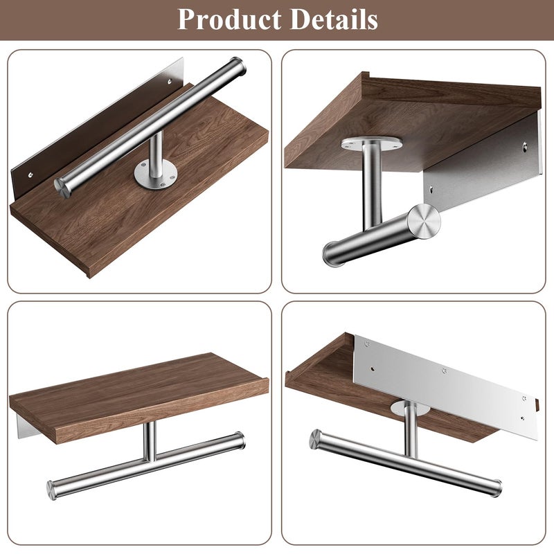 Tindbea Rustic Double Toilet Paper Holder with Walnut Wood Shelf  Farmhouse Toilet Paper Holder Brushed Nickel Stainless Steel Bathroom Tissue Roll Holder - Image 4