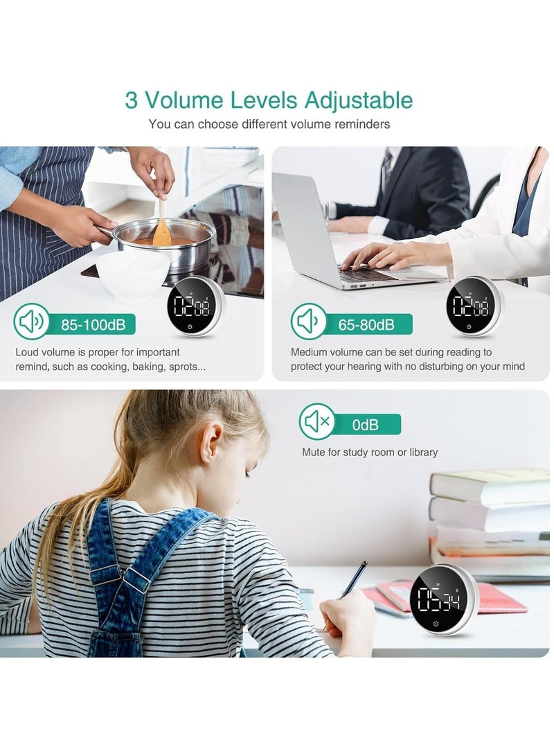 Kitchen Timer, Large LED Digital Magnetic Timer, Countdown Countup Timer with Knob Control and 3-level Volume Alarm for Kitchen Classroom Homework Fitness White 3 Inch  - Image 4