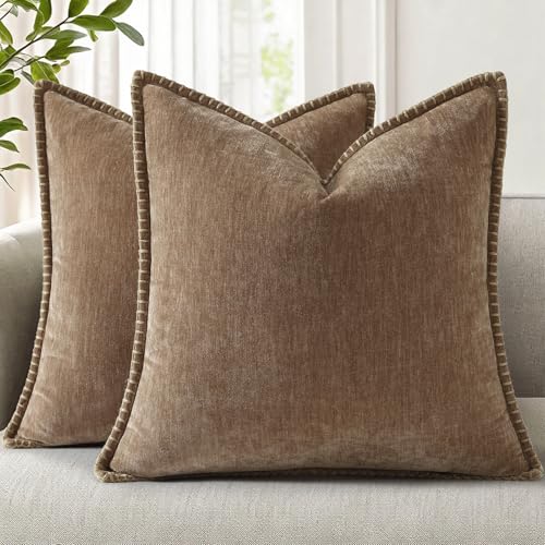 decorUhome Chenille Soft Cozy Throw Pillow Covers 16x16 Set of 2 Modern Farmhouse Boho Velvet Decorative Pillow Cases with Stitched Edge for Couch Sofa Bed Home Decor Brown - Image 1