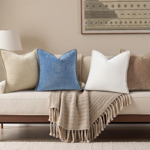 decorUhome Chenille Soft Cozy Throw Pillow Covers 16x16 Set of 2 Modern Farmhouse Boho Velvet Decorative Pillow Cases with Stitched Edge for Couch Sofa Bed Home Decor Brown - Image 3