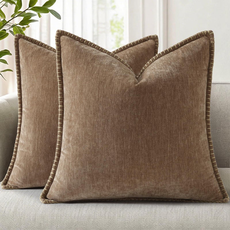 decorUhome Chenille Soft Cozy Throw Pillow Covers 16x16 Set of 2 Modern Farmhouse Boho Velvet Decorative Pillow Cases with Stitched Edge for Couch Sofa Bed Home Decor Brown - Image 2