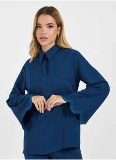 Styli Crepe Texture Embellished Sleeves Hem Longline Shirt & Wide Leg Pants Modest Set  - Image 2