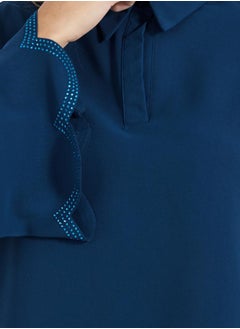 Styli Crepe Texture Embellished Sleeves Hem Longline Shirt & Wide Leg Pants Modest Set  - Image 3
