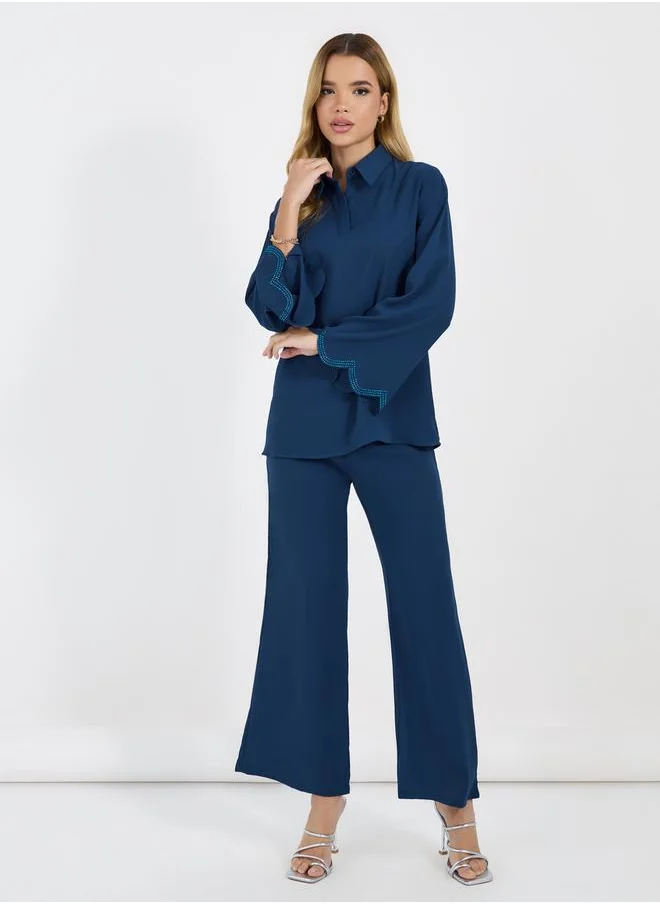 Styli Crepe Texture Embellished Sleeves Hem Longline Shirt & Wide Leg Pants Modest Set