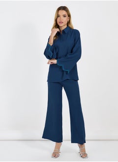 Styli Crepe Texture Embellished Sleeves Hem Longline Shirt & Wide Leg Pants Modest Set  - Image 1