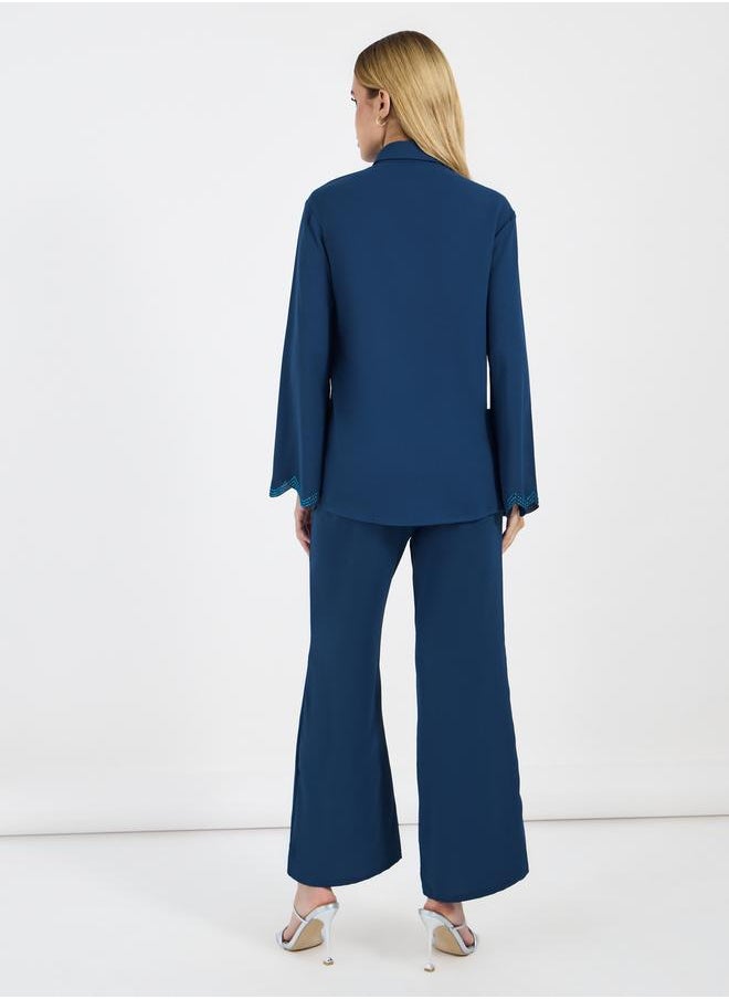 Crepe Texture Embellished Sleeves Hem Longline Shirt & Wide Leg Pants Modest Set - pzsku/ZB91D84E7F8266F67F3D9Z/45/_/1733818987/73bd040f-0ab6-45d2-9618-c6b49e0e654a