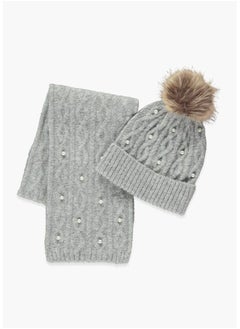 Matalan Girls Grey Pearl Hat & Scarf Set 
